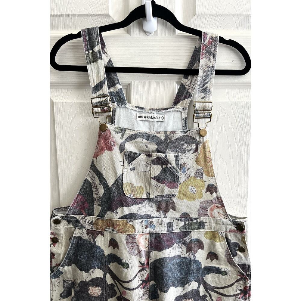 SM WARDROBE Floral Ladybug Cotton Canvas Wide Leg Gardening Overalls Jumper Sz L - Picture 2 of 16